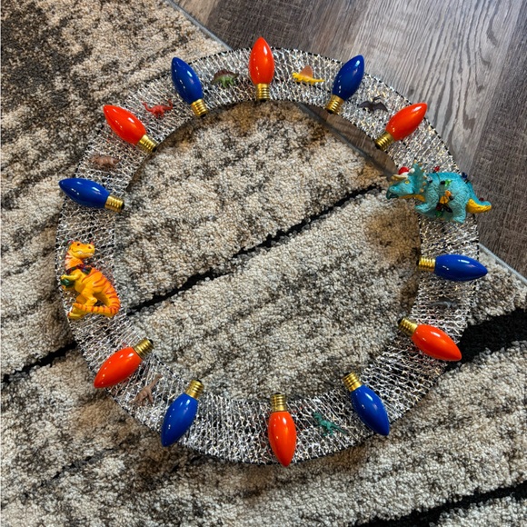 Christmas holiday wreath homemade handmade blue orange bulbs dinosaurs kids 18” - Picture 2 of 6